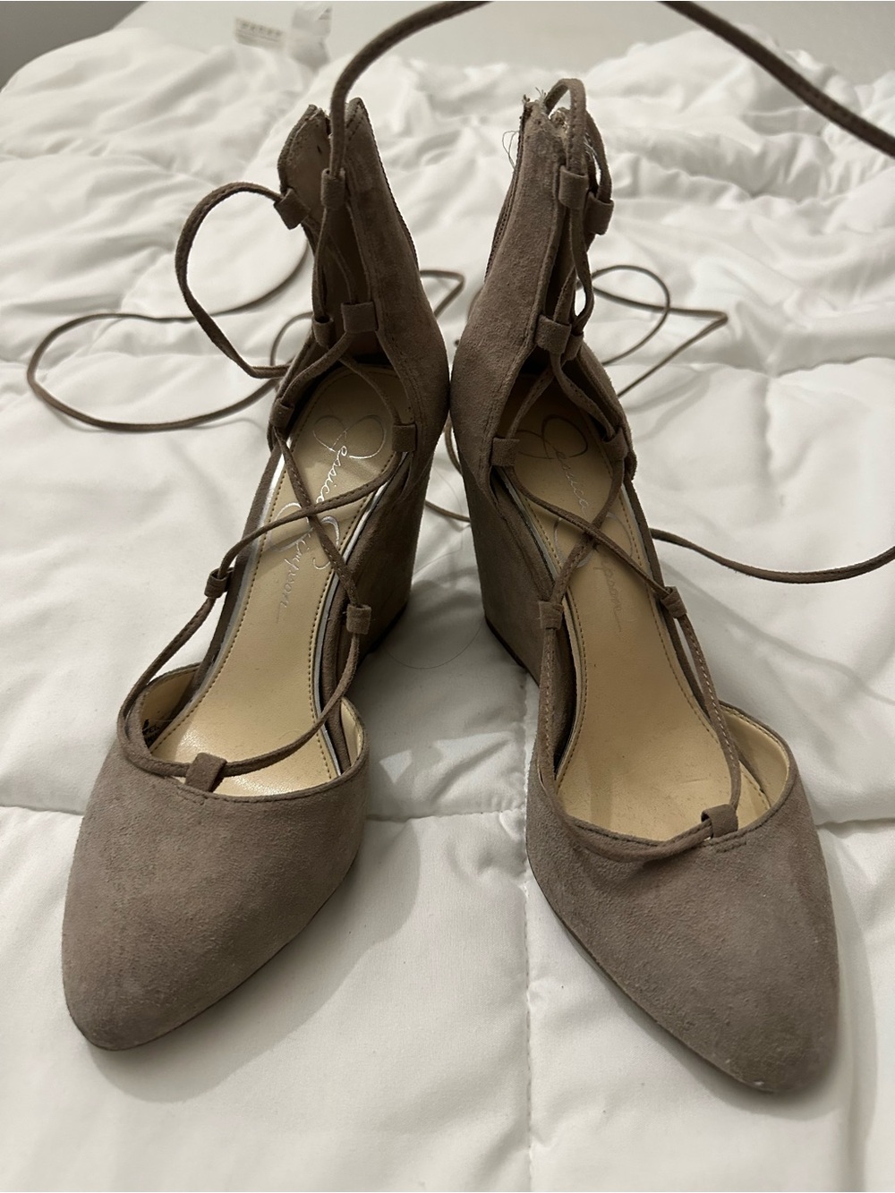Jessica Simpson Taupe Suede Lace-Up Wedge Heels